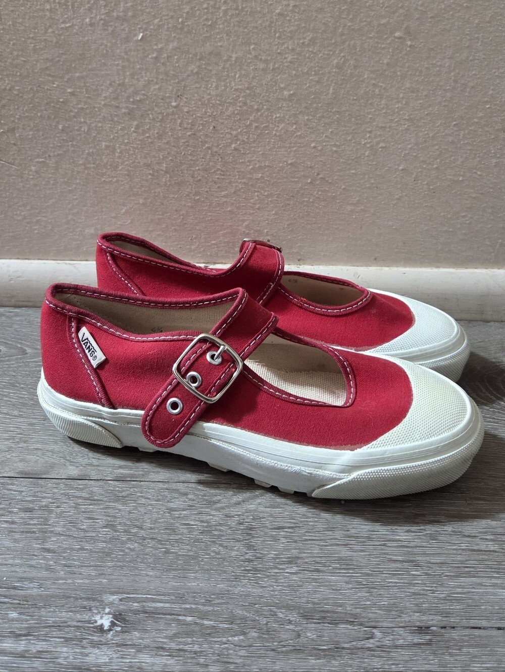 Vans Red Canvas Mary Jane Sneakers with White Toe